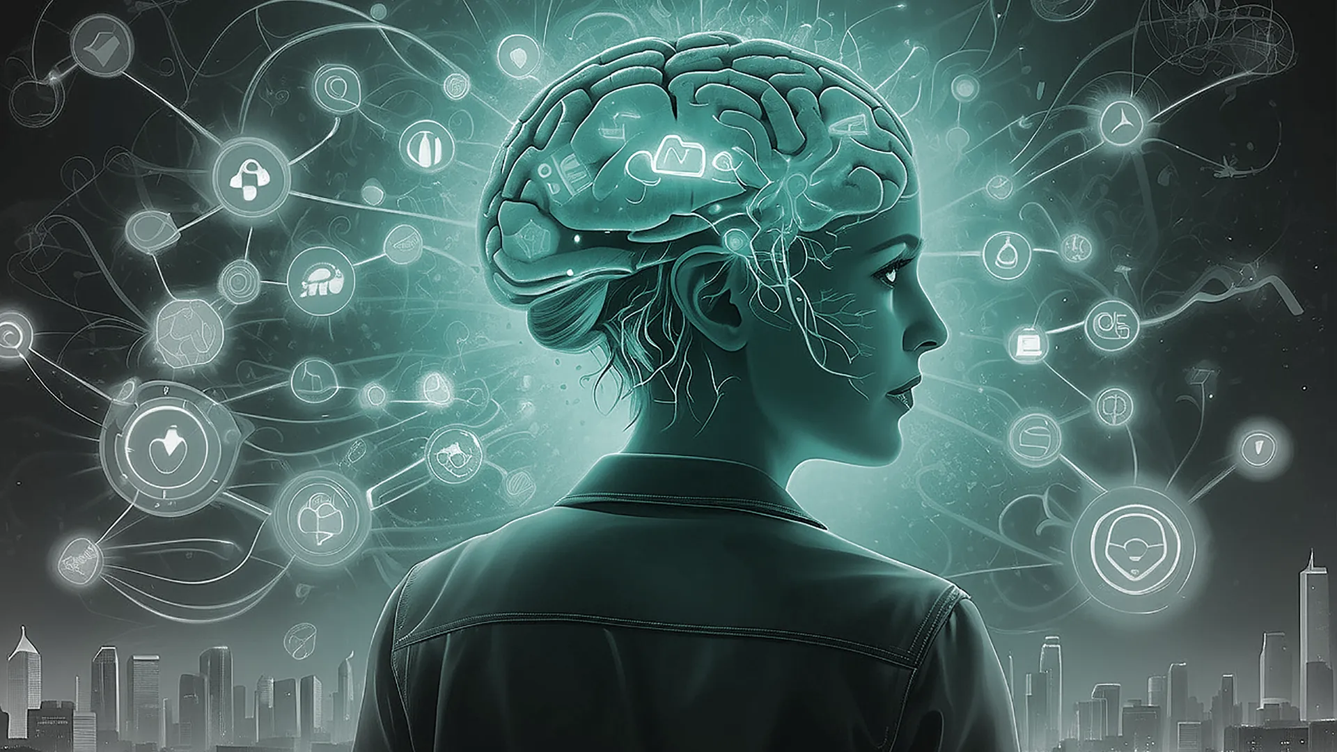Futuristic digital illustration of a woman with a glowing brain, interconnected with floating holographic icons representing technology, health, and communication, against a cityscape background.
